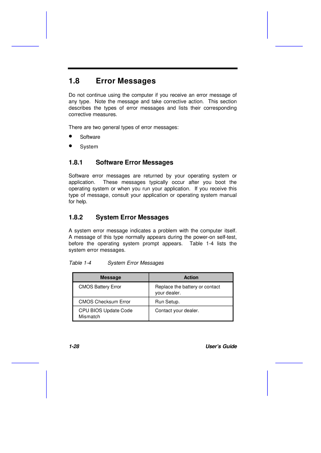 Acer M11E manual Software Error Messages, System Error Messages 