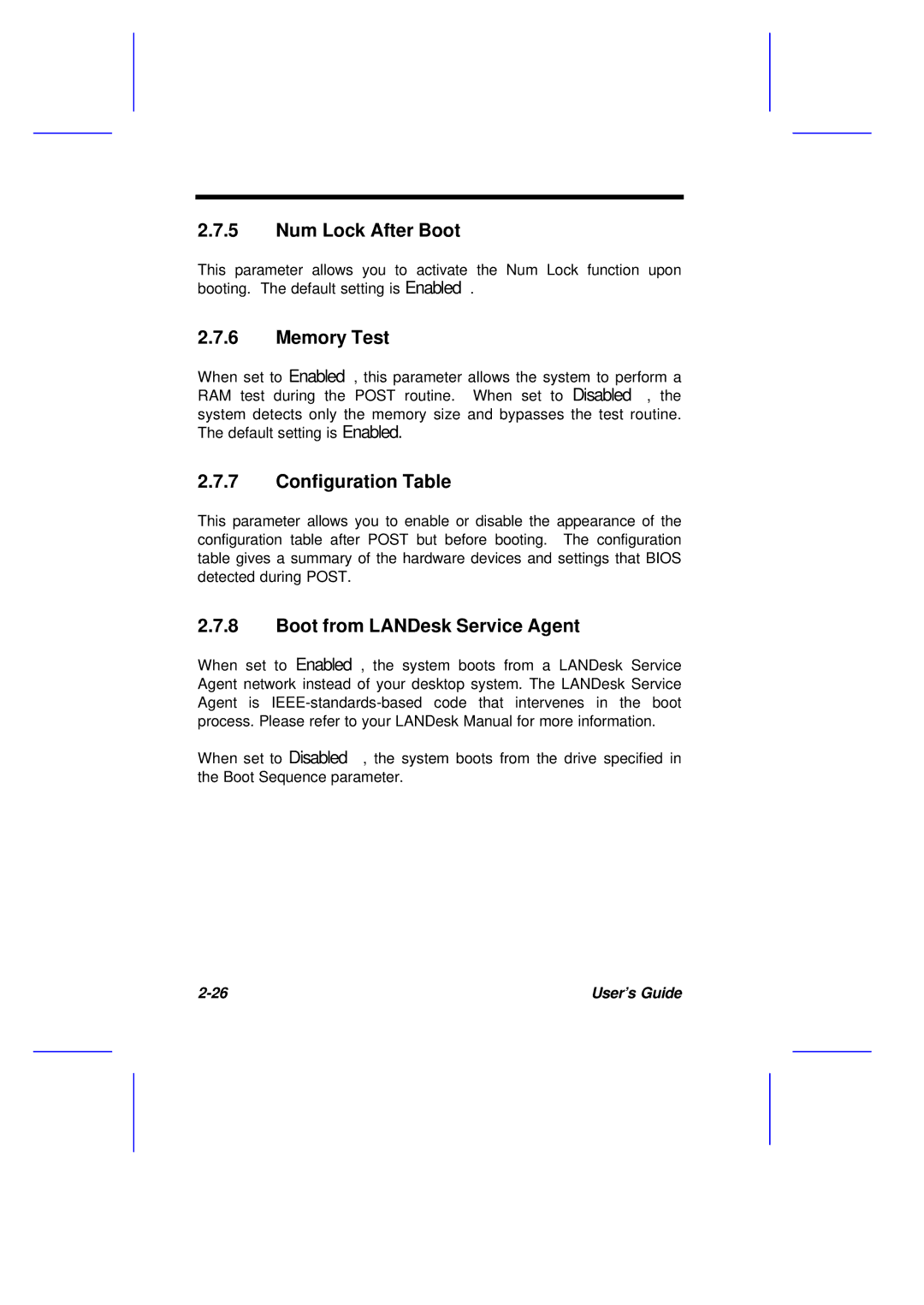 Acer M11E manual Num Lock After Boot, Memory Test, Configuration Table, Boot from LANDesk Service Agent 