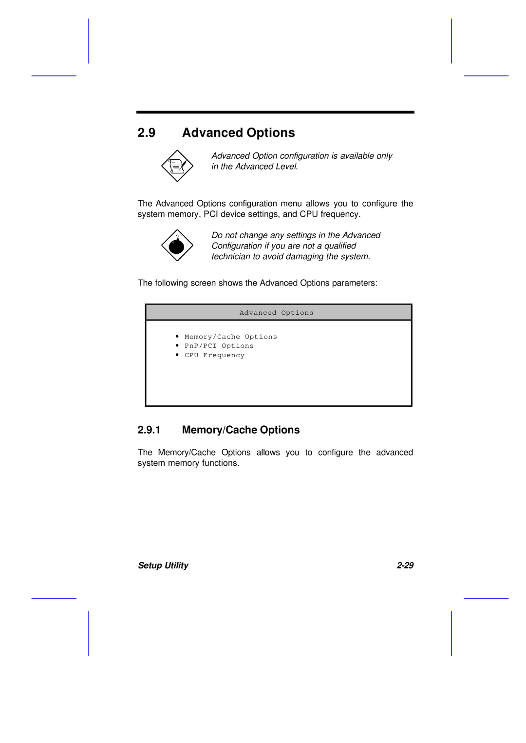 Acer M11E manual Advanced Options, Memory/Cache Options 