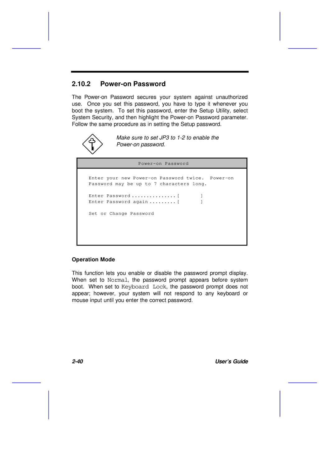 Acer M11E manual Power-on Password, Make sure to set JP3 to 1-2 to enable Power-on password 