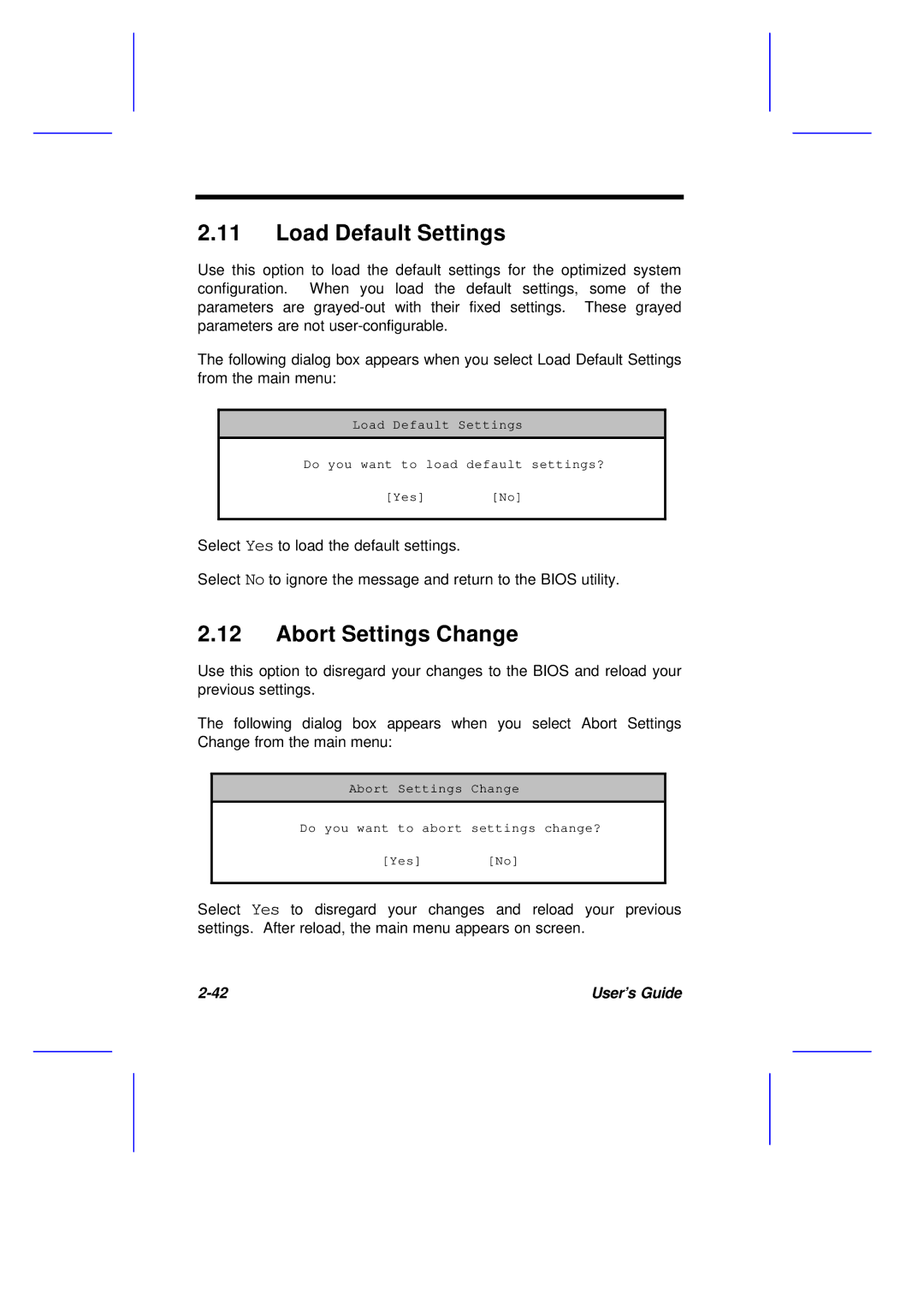 Acer M11E manual Load Default Settings, Abort Settings Change 