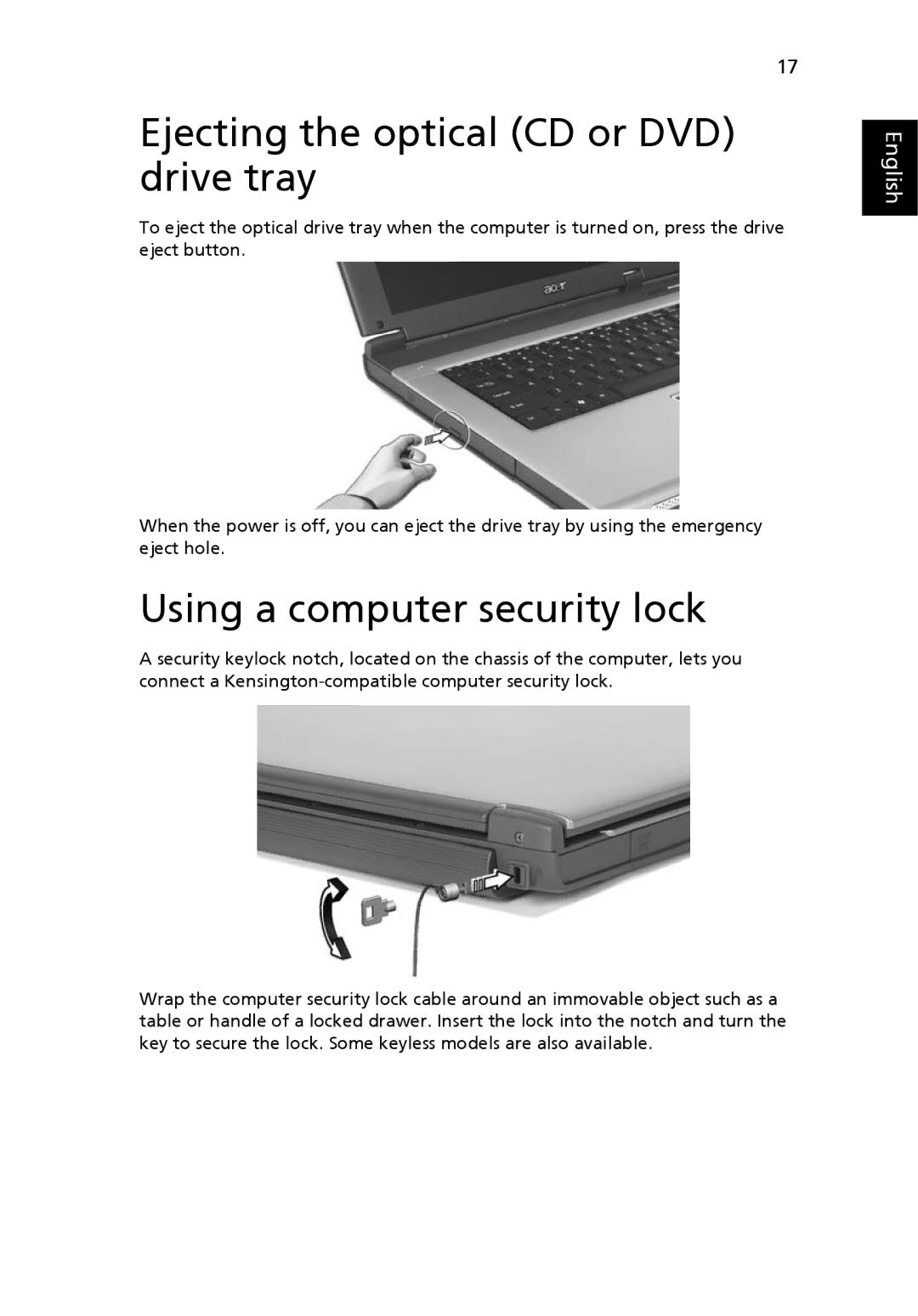 Acer M1640, 1640Z manual Ejecting the optical CD or DVD drive tray, Using a computer security lock 