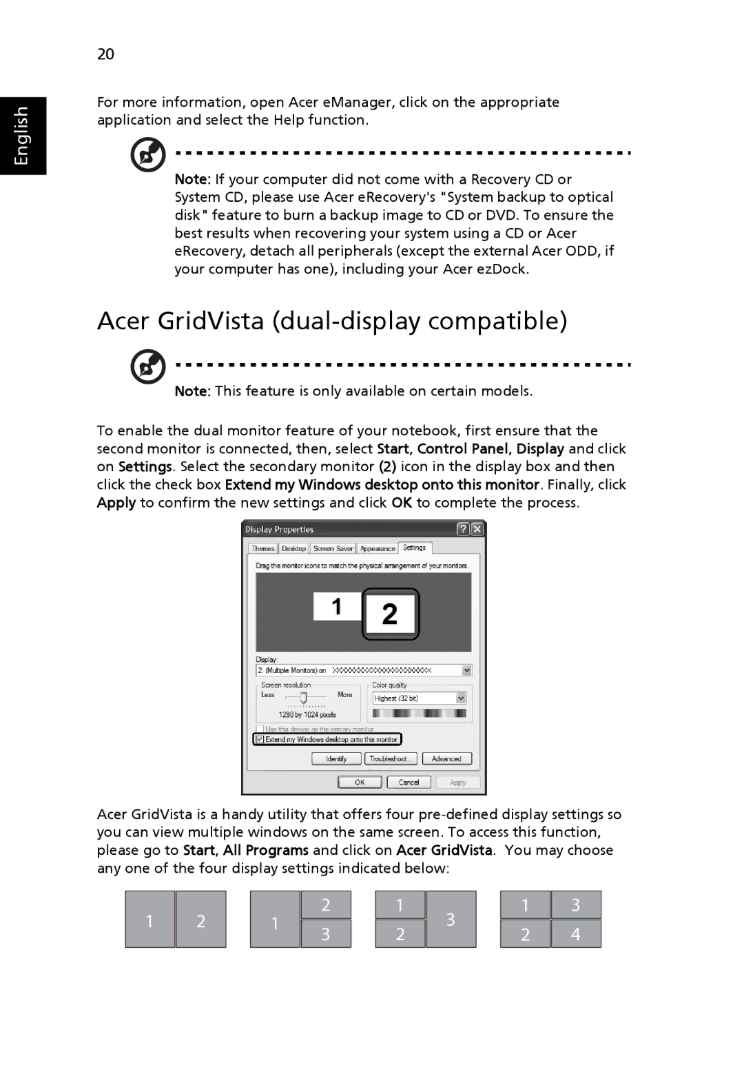 Acer M1640, 1640Z manual Acer GridVista dual-display compatible 