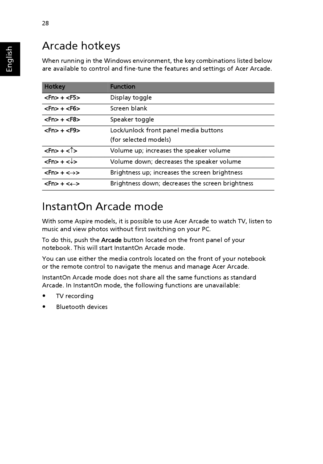 Acer M1640, 1640Z manual Arcade hotkeys, InstantOn Arcade mode 