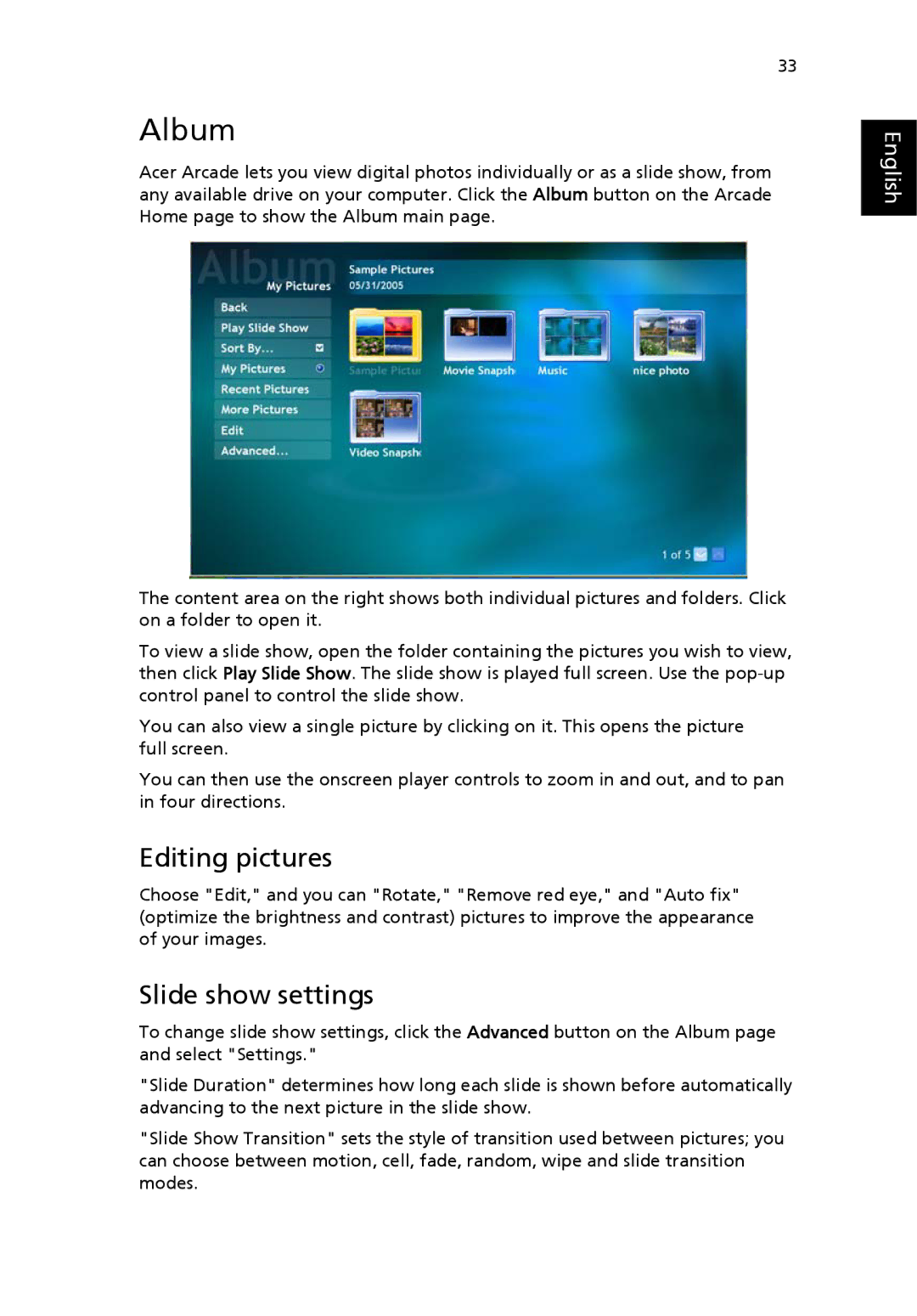 Acer 1640Z, M1640 manual Album, Editing pictures, Slide show settings 