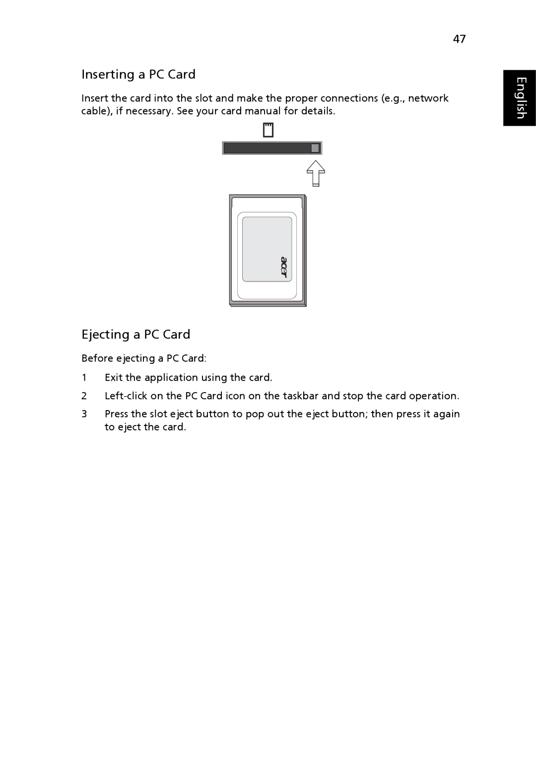 Acer M1640, 1640Z manual Inserting a PC Card, Ejecting a PC Card 