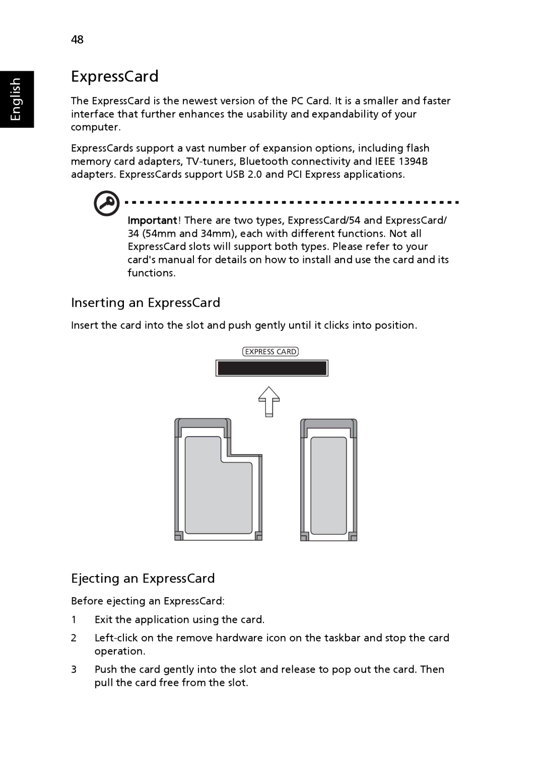 Acer 1640Z, M1640 manual Inserting an ExpressCard, Ejecting an ExpressCard 