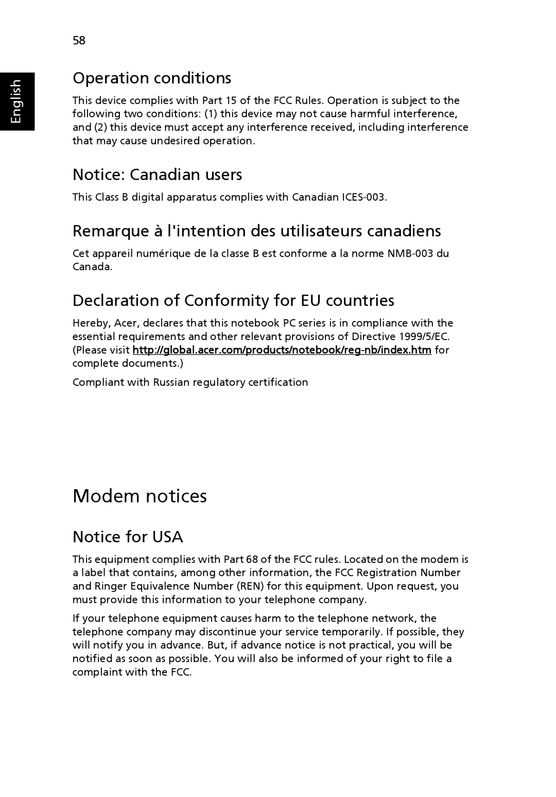 Acer M1640, 1640Z manual Modem notices, Operation conditions, Remarque à lintention des utilisateurs canadiens 