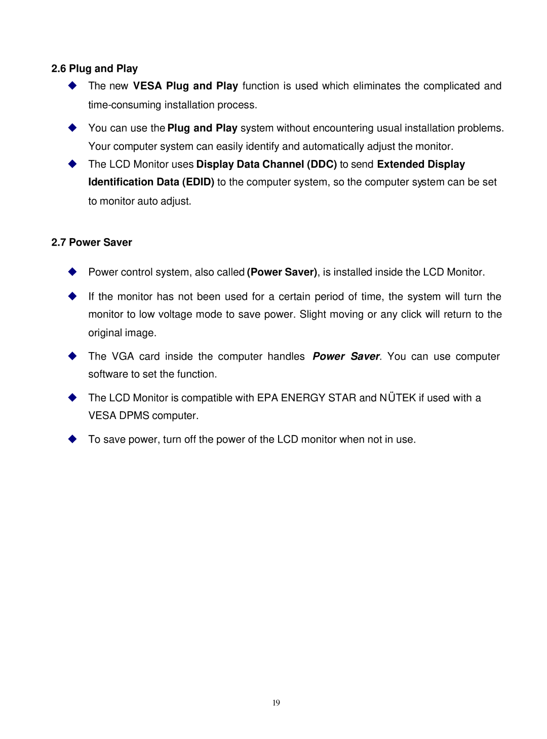 Acer M190E5-L0A manual Plug and Play, Power Saver 