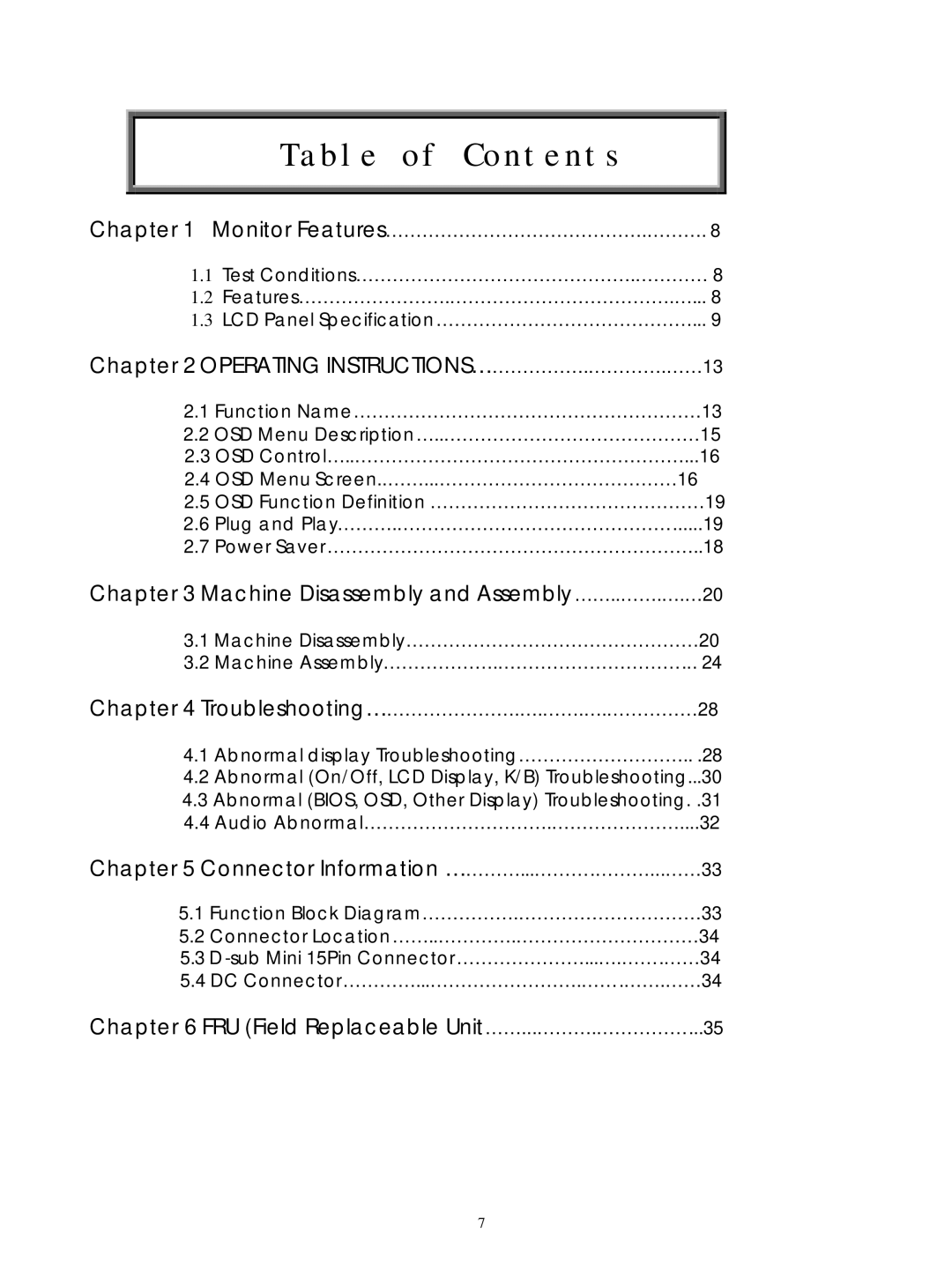 Acer M190E5-L0A manual Table of Contents 