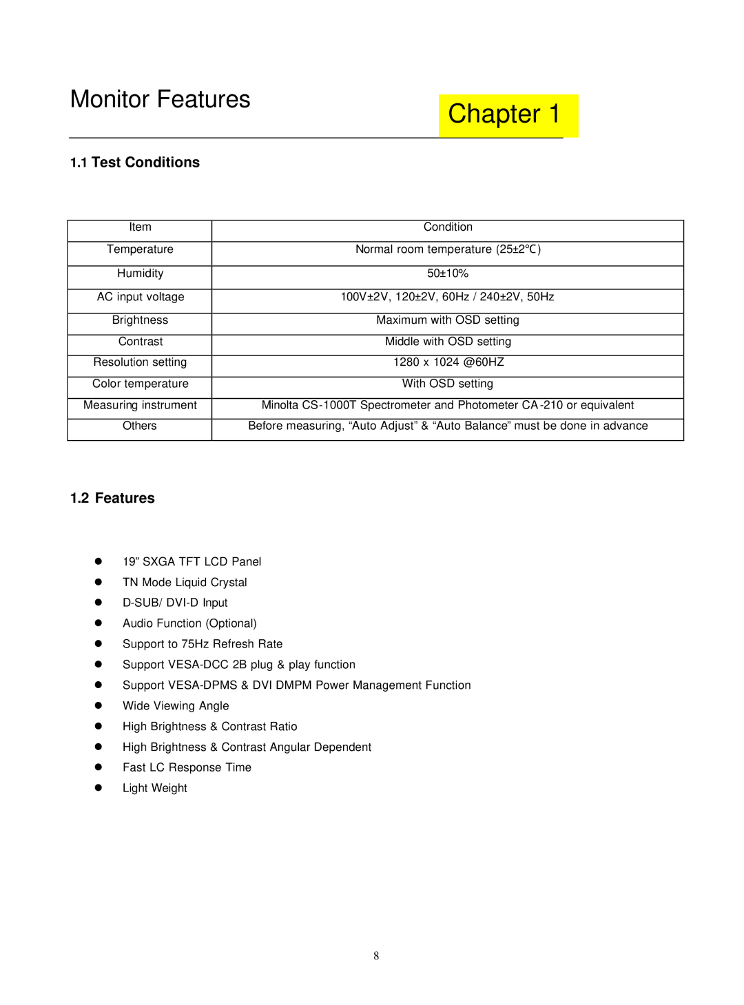 Acer M190E5-L0A manual Test Conditions, Features 