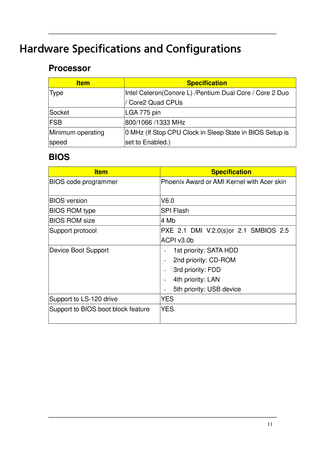 Acer M265 manual Hardware Specifications and Configurations, Processor 