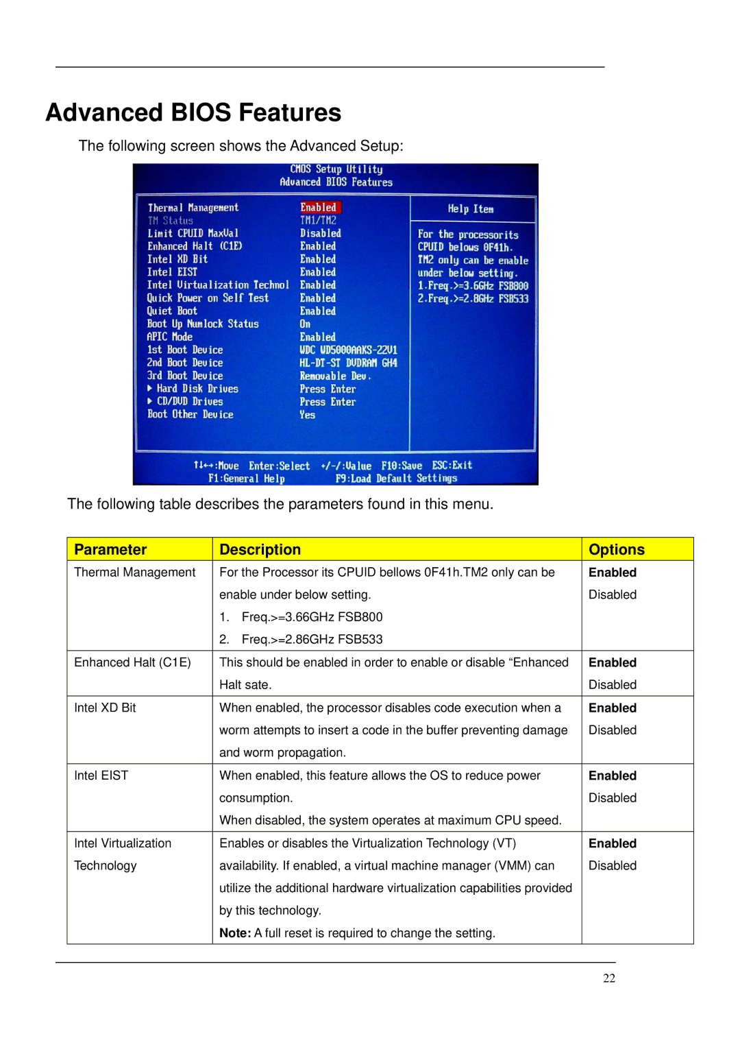 Acer M265 manual Advanced Bios Features 