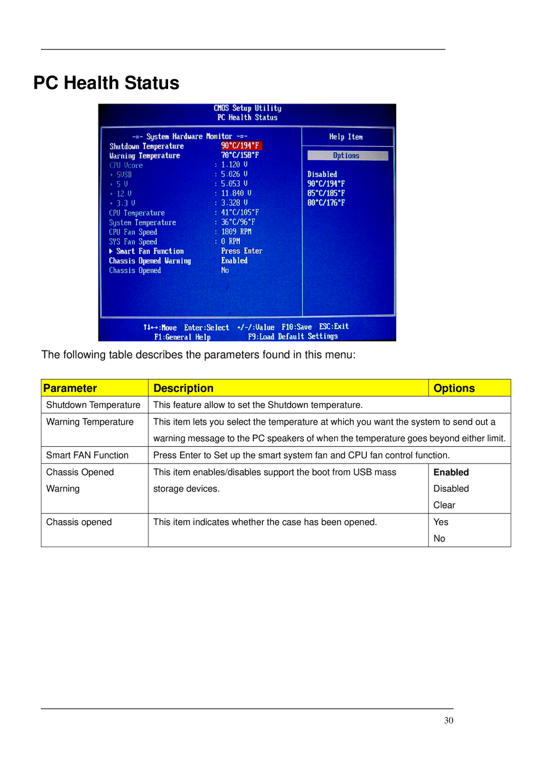 Acer M265 manual PC Health Status 