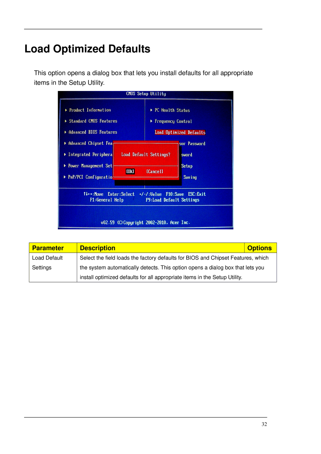 Acer M265 manual Load Optimized Defaults 