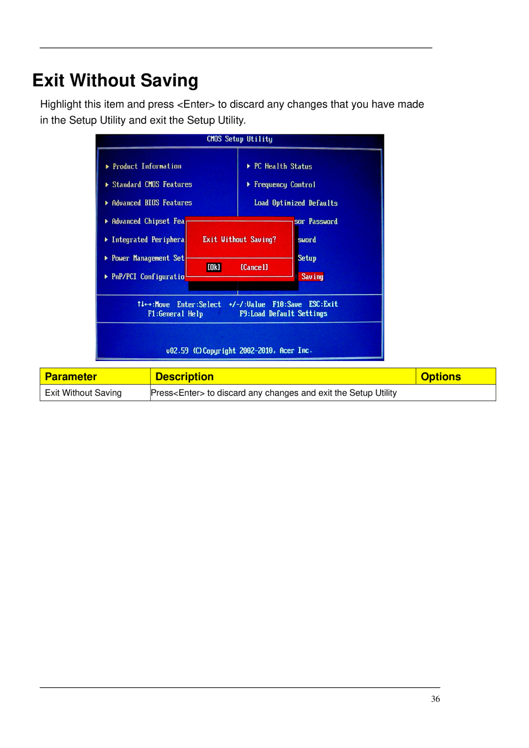 Acer M265 manual Exit Without Saving 