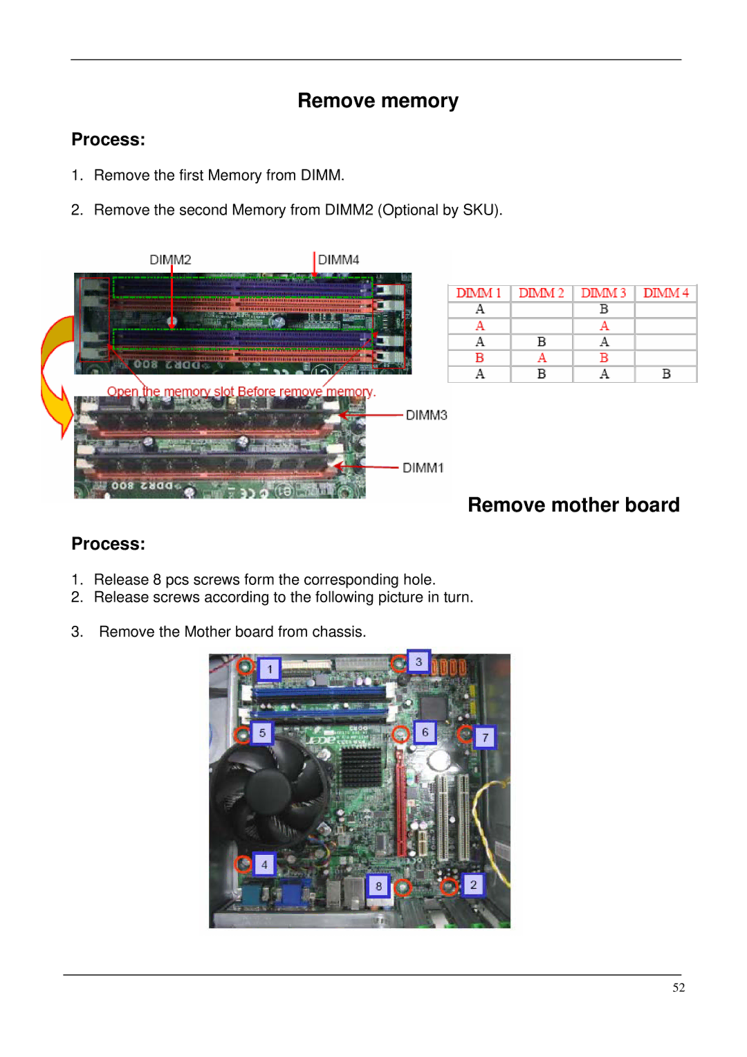 Acer M265 manual Remove memory, Remove mother board 