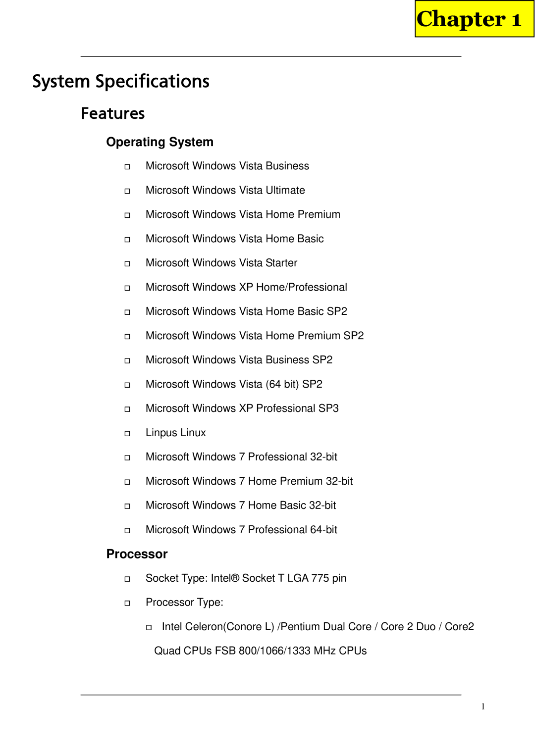 Acer M265 manual Chapter, System Specifications 