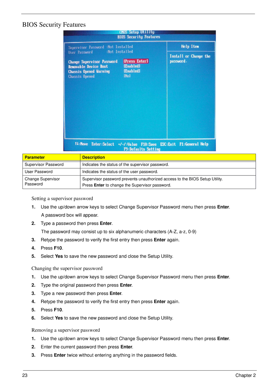 Acer m3400(g) manual Bios Security Features, Setting a supervisor password 