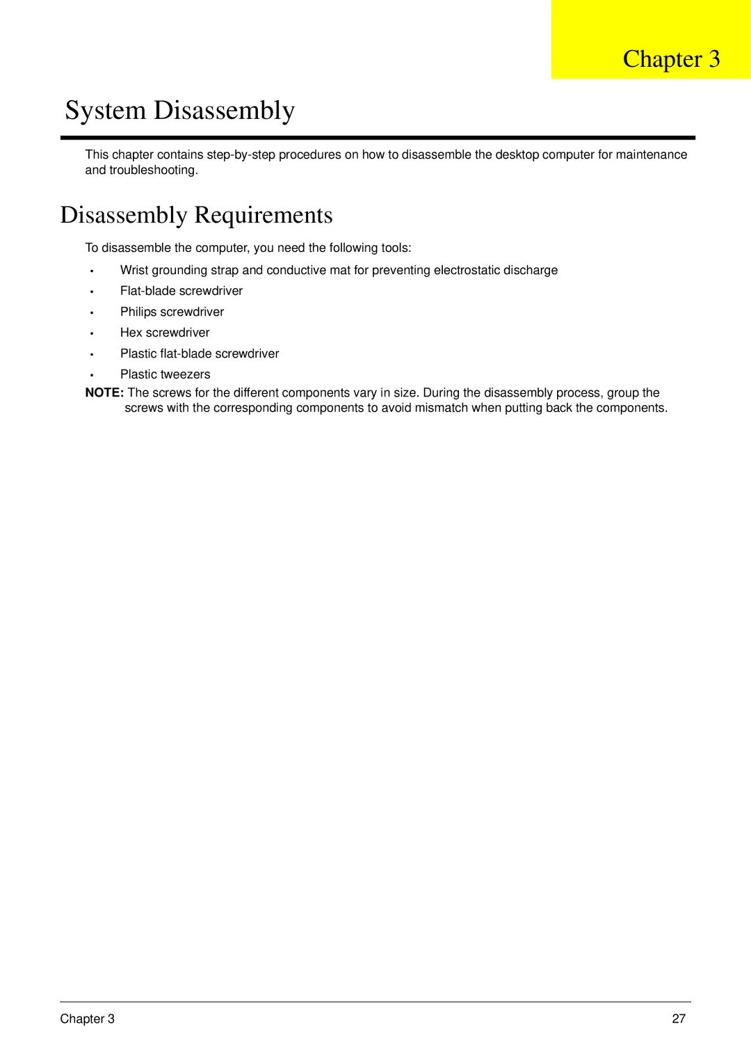 Acer m3400(g) manual System Disassembly, Disassembly Requirements 