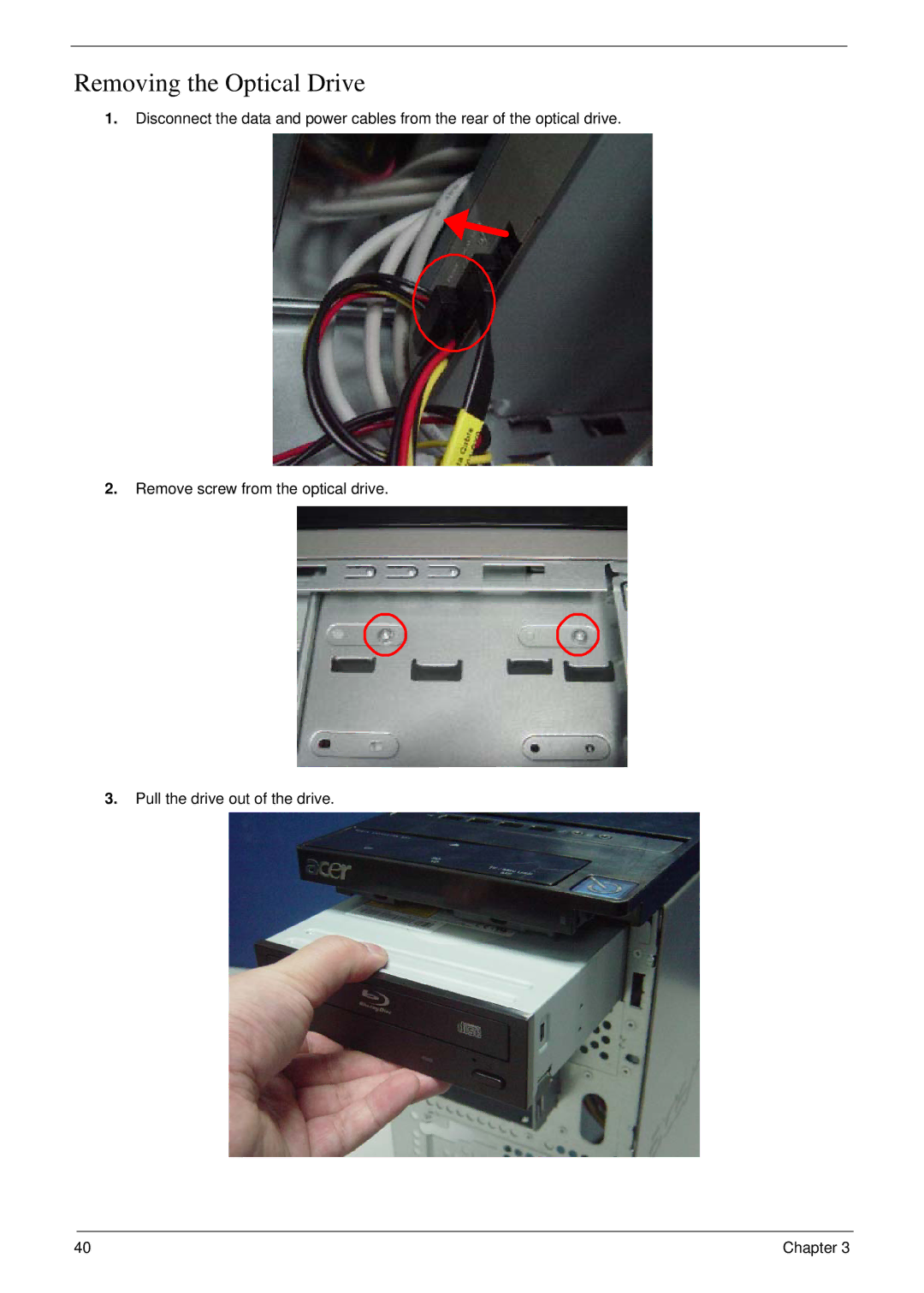 Acer m3400(g) manual Removing the Optical Drive 