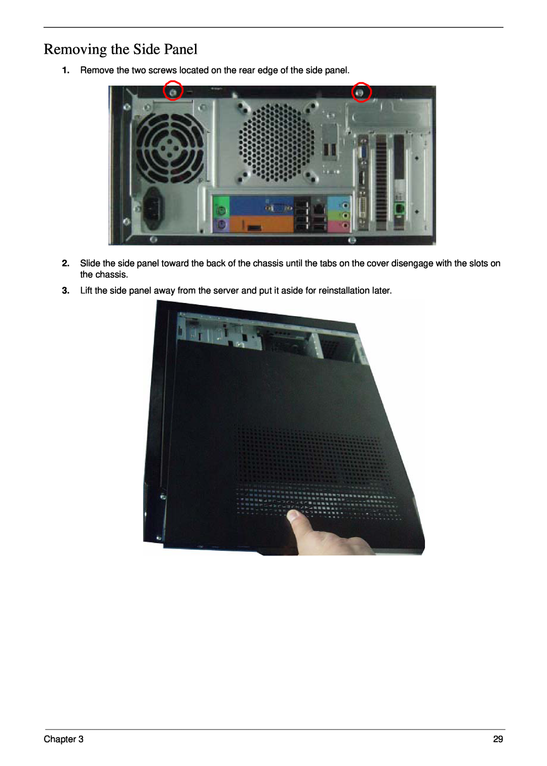 Acer m3400(g) manual Removing the Side Panel, Remove the two screws located on the rear edge of the side panel, Chapter 