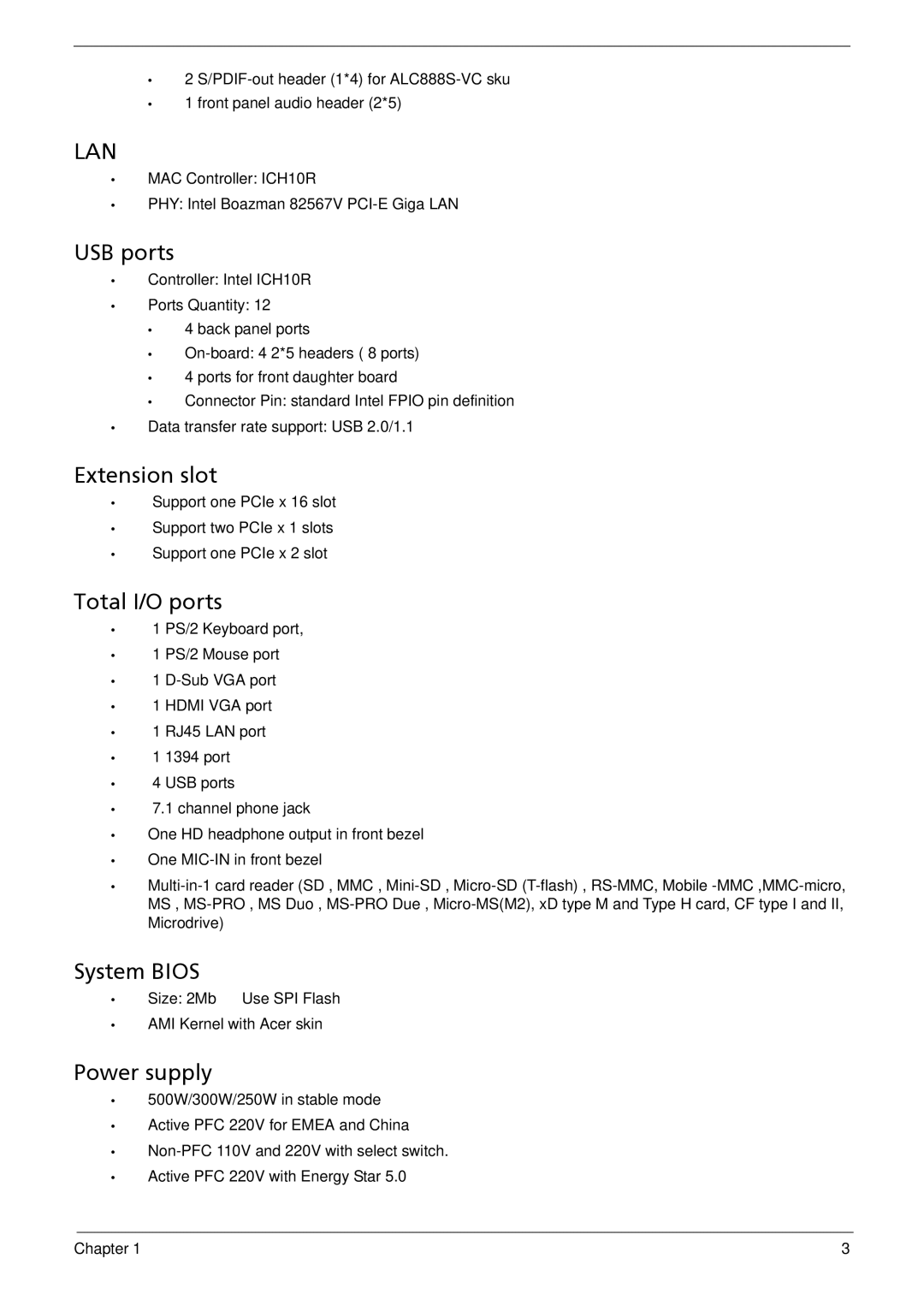 Acer M3802(G) manual USB ports, Extension slot, Total I/O ports, System Bios, Power supply 