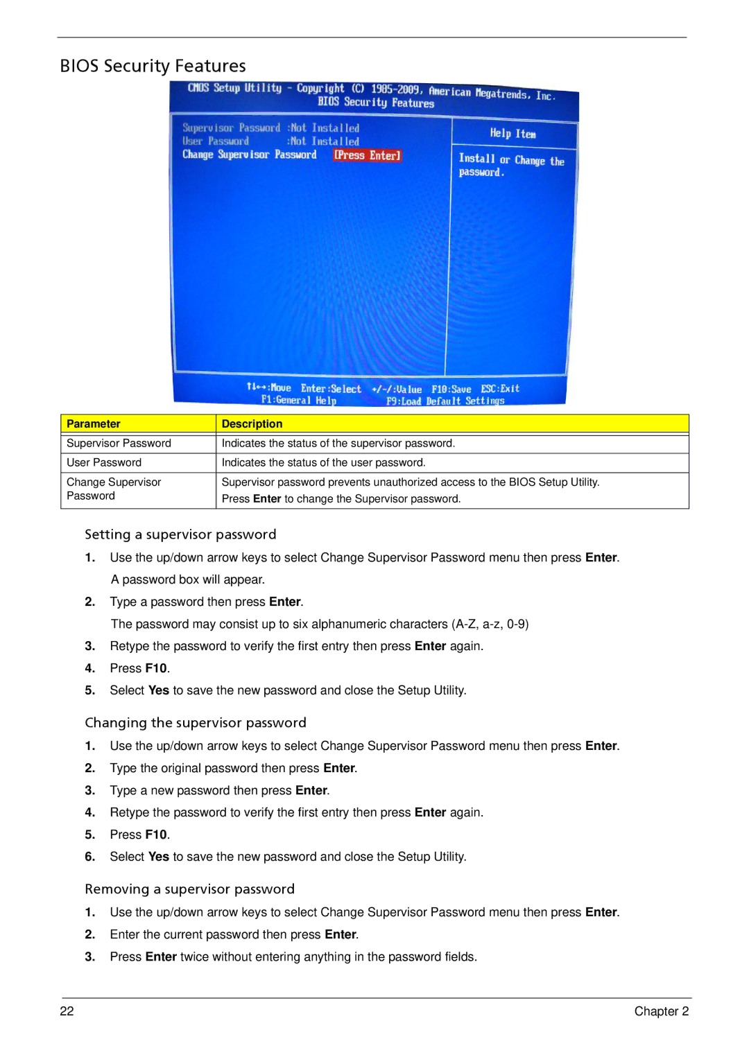 Acer M3802(G) manual Bios Security Features, Setting a supervisor password 