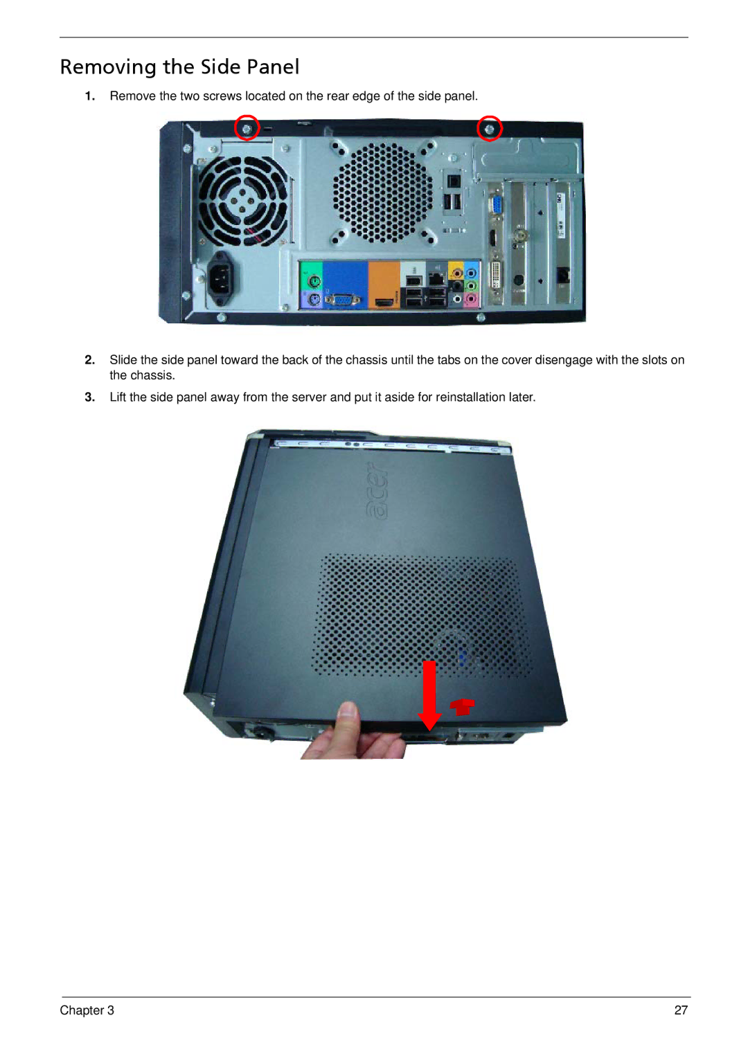 Acer M3802(G) manual Removing the Side Panel 