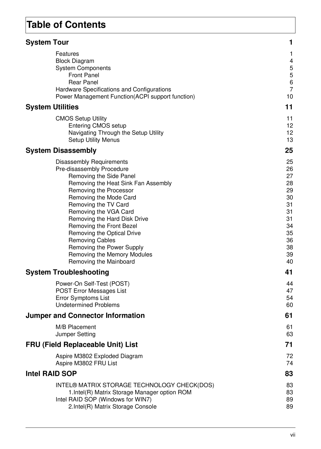 Acer M3802(G) manual Table of Contents 