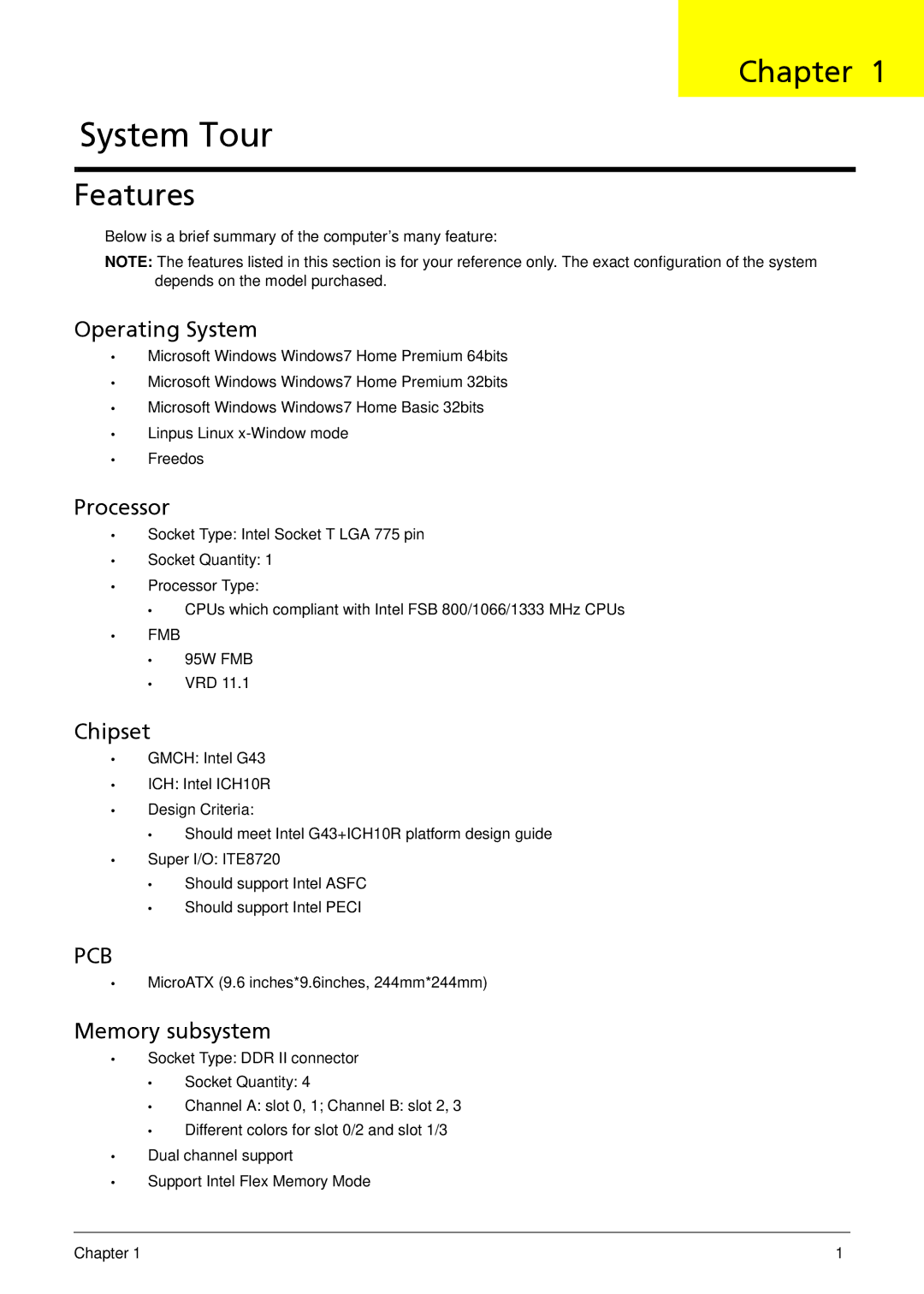 Acer M3802(G) manual Chapter, Features 