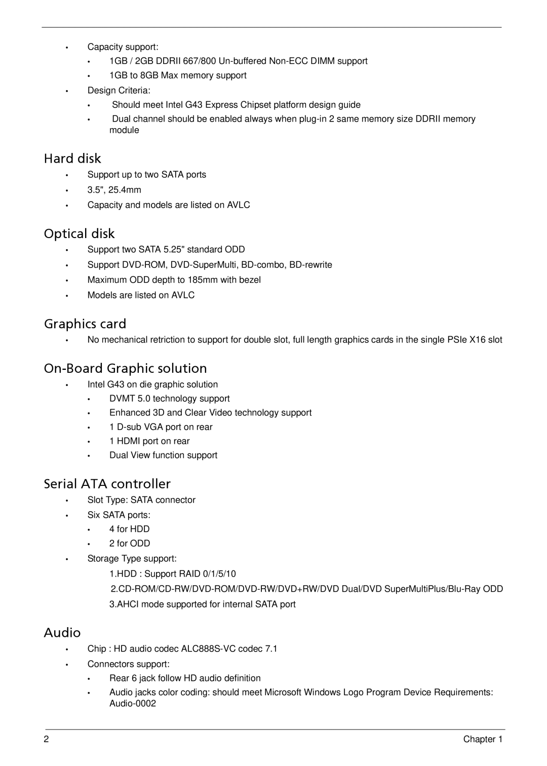 Acer M3802(G) manual Hard disk, Optical disk, Graphics card, On-Board Graphic solution, Serial ATA controller, Audio 