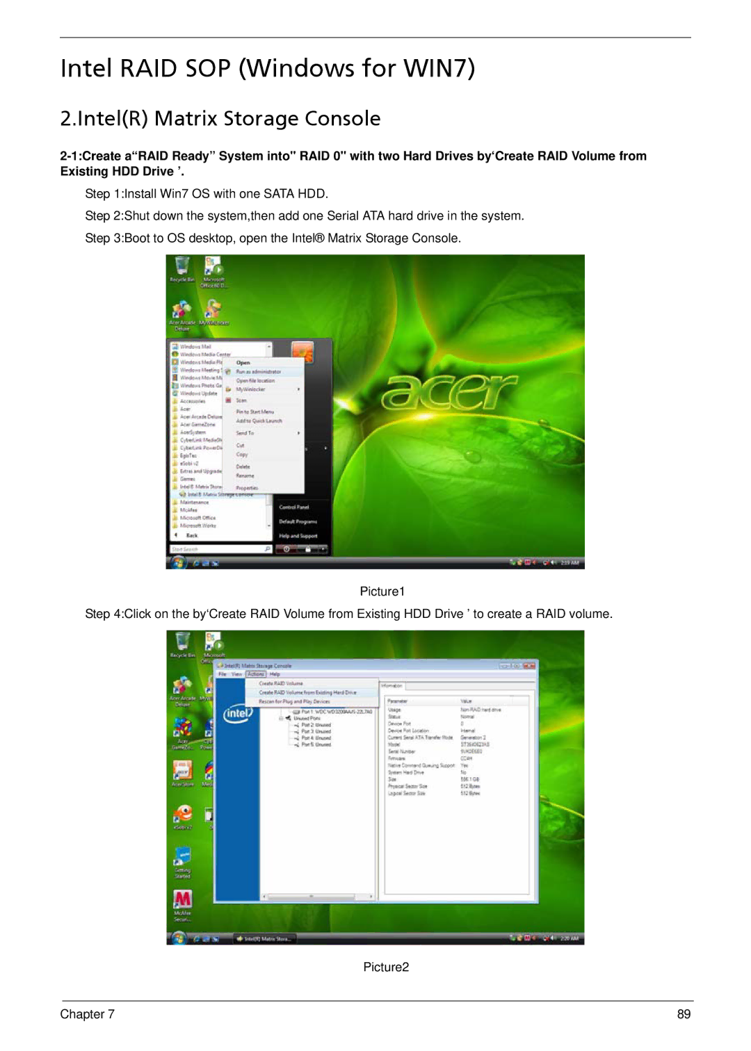 Acer M3802(G) manual Intel RAID SOP Windows for WIN7, IntelR Matrix Storage Console 