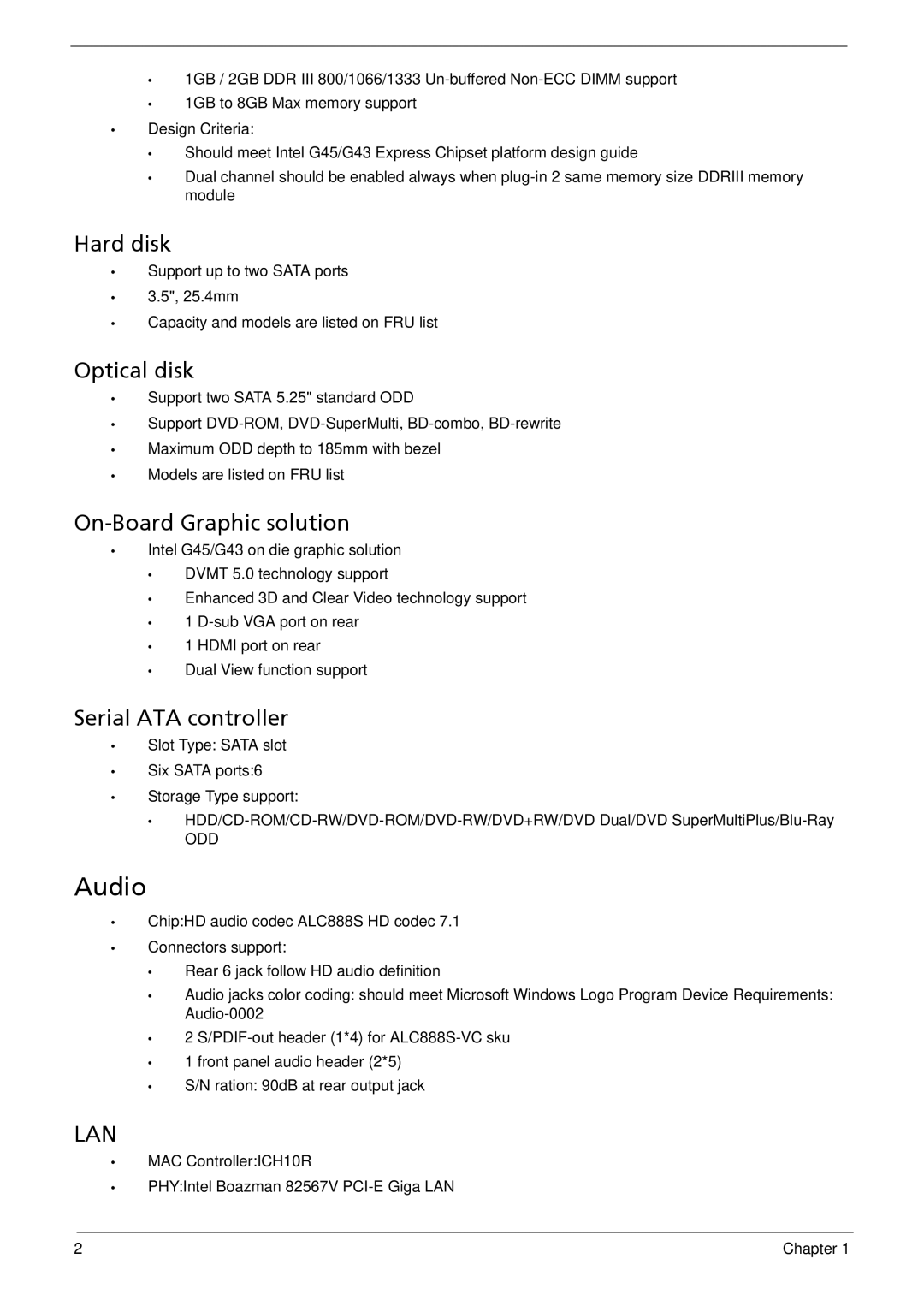 Acer M3900 manual Audio, Hard disk, Optical disk, On-Board Graphic solution, Serial ATA controller 