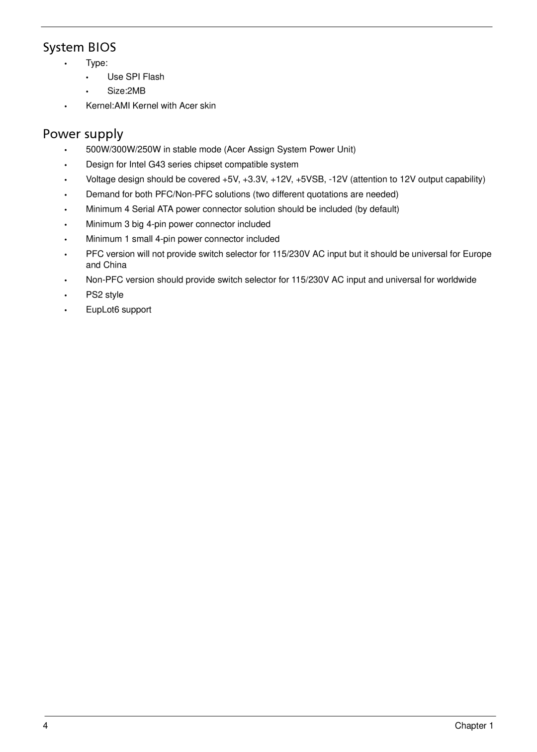 Acer M3900 manual System Bios, Power supply 