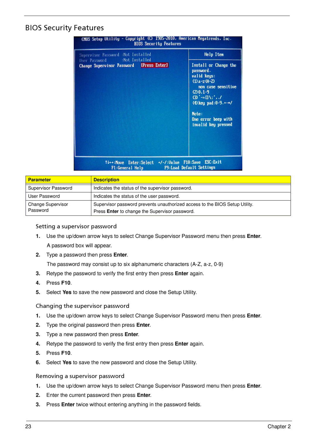 Acer M3900 manual Bios Security Features, Setting a supervisor password 