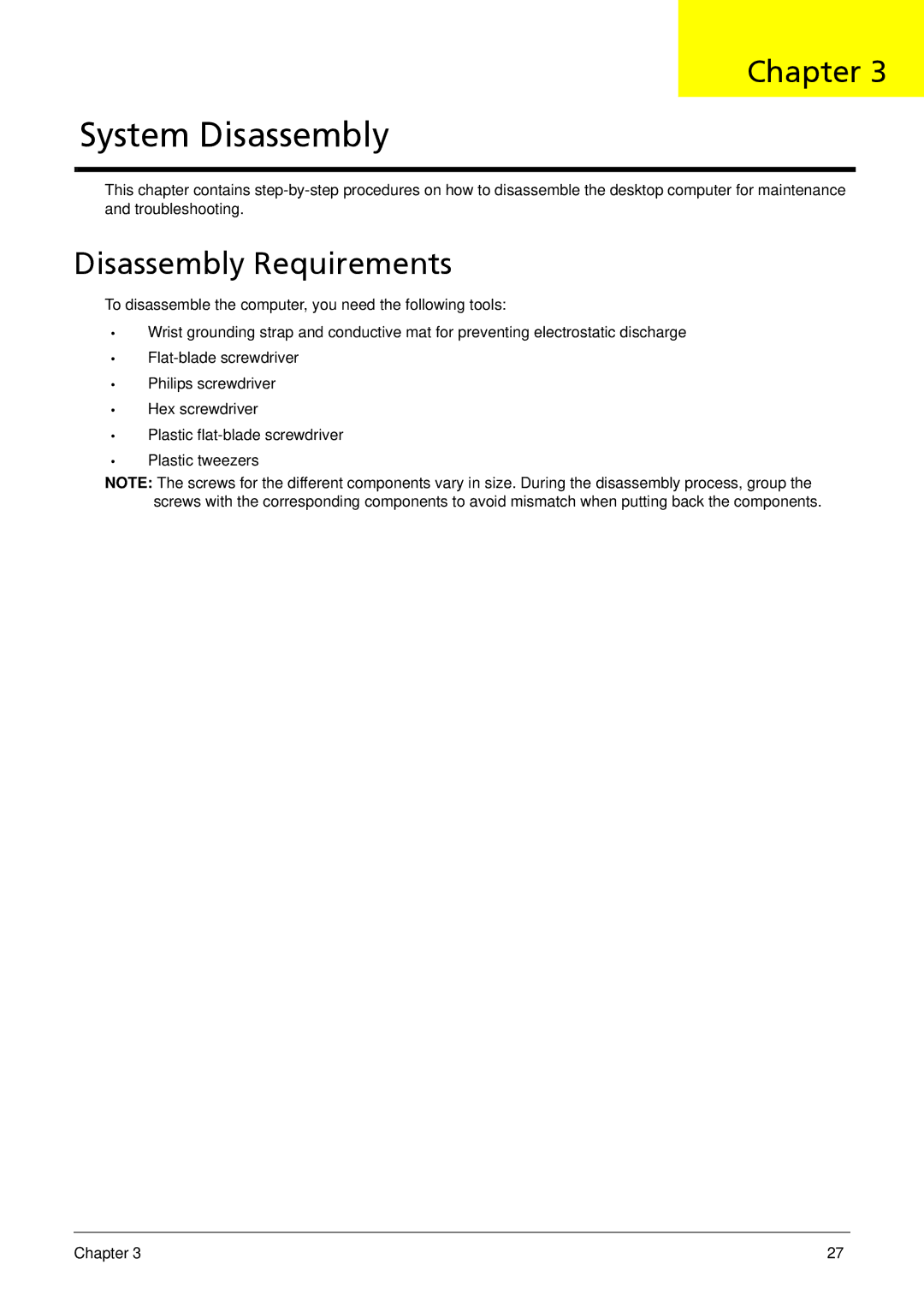 Acer M3900 manual System Disassembly, Disassembly Requirements 