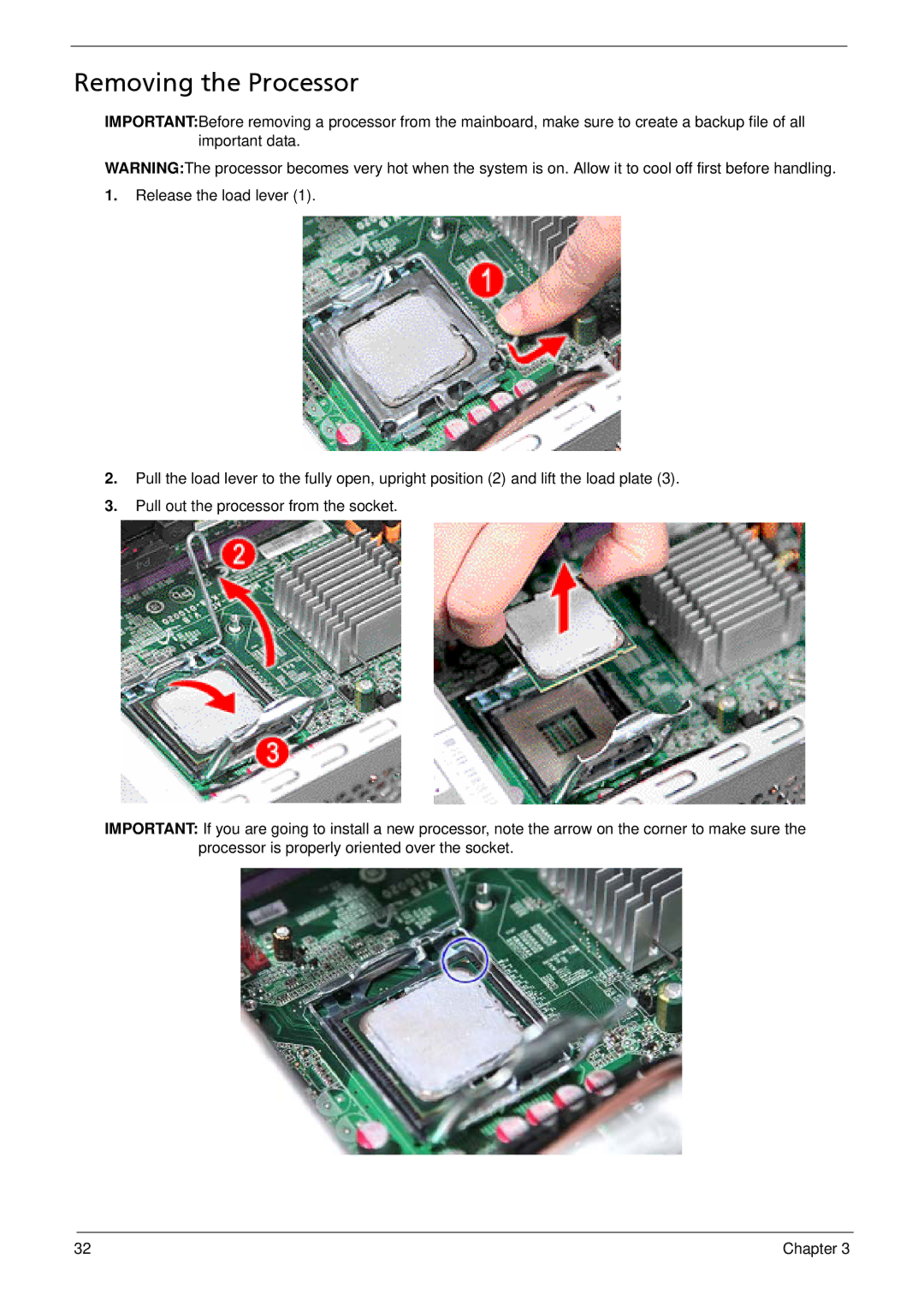 Acer M3900 manual Removing the Processor 