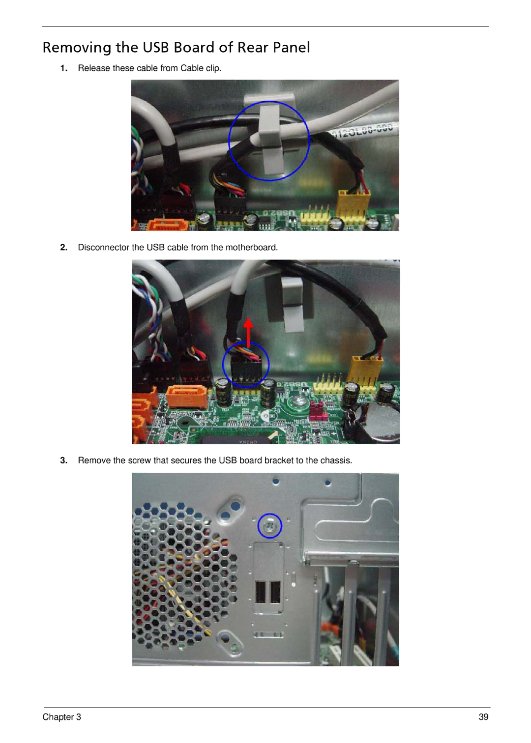 Acer M3900 manual Removing the USB Board of Rear Panel 