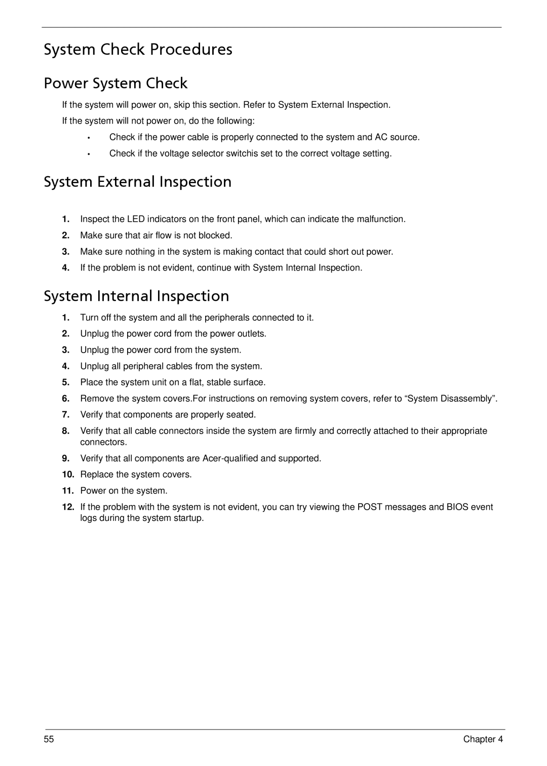 Acer M3900 manual Power System Check, System External Inspection, System Internal Inspection 