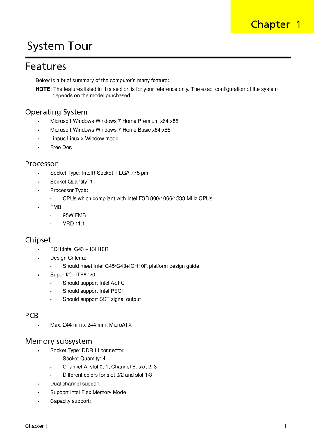 Acer M3900 manual Chapter, Features 