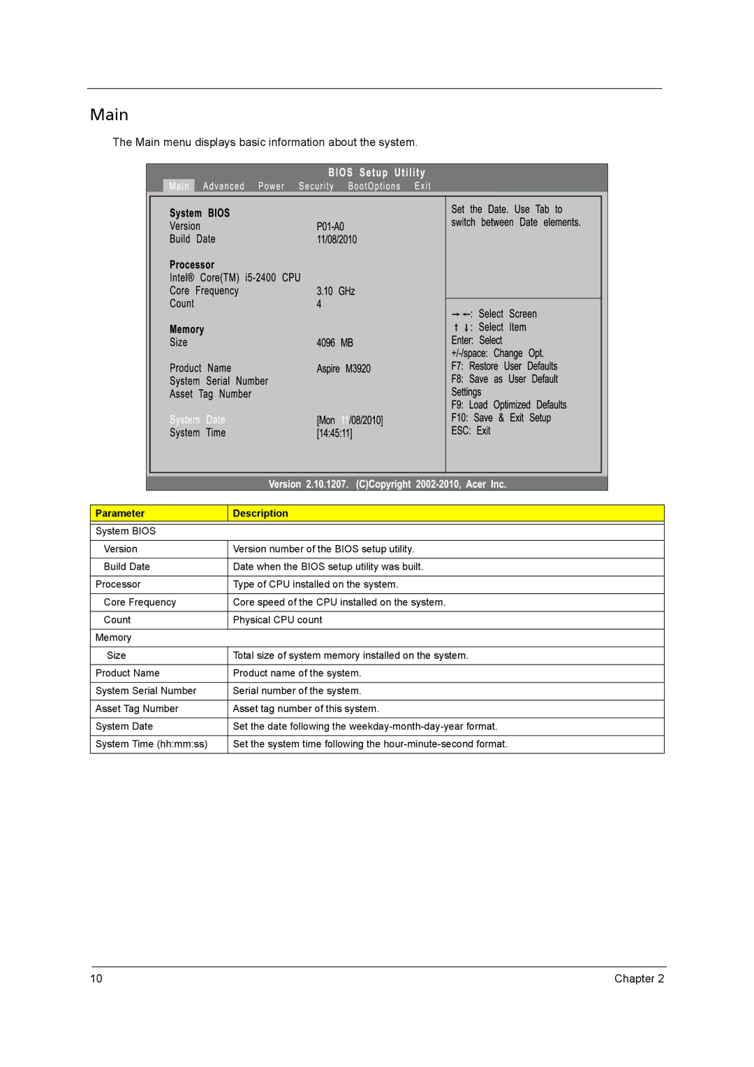 Acer M3920 manual Main menu displays basic information about the system 