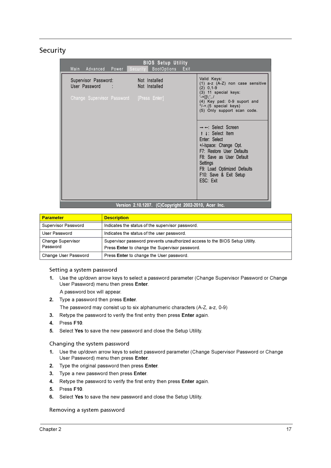 Acer M3920 manual Security, Setting a system password 