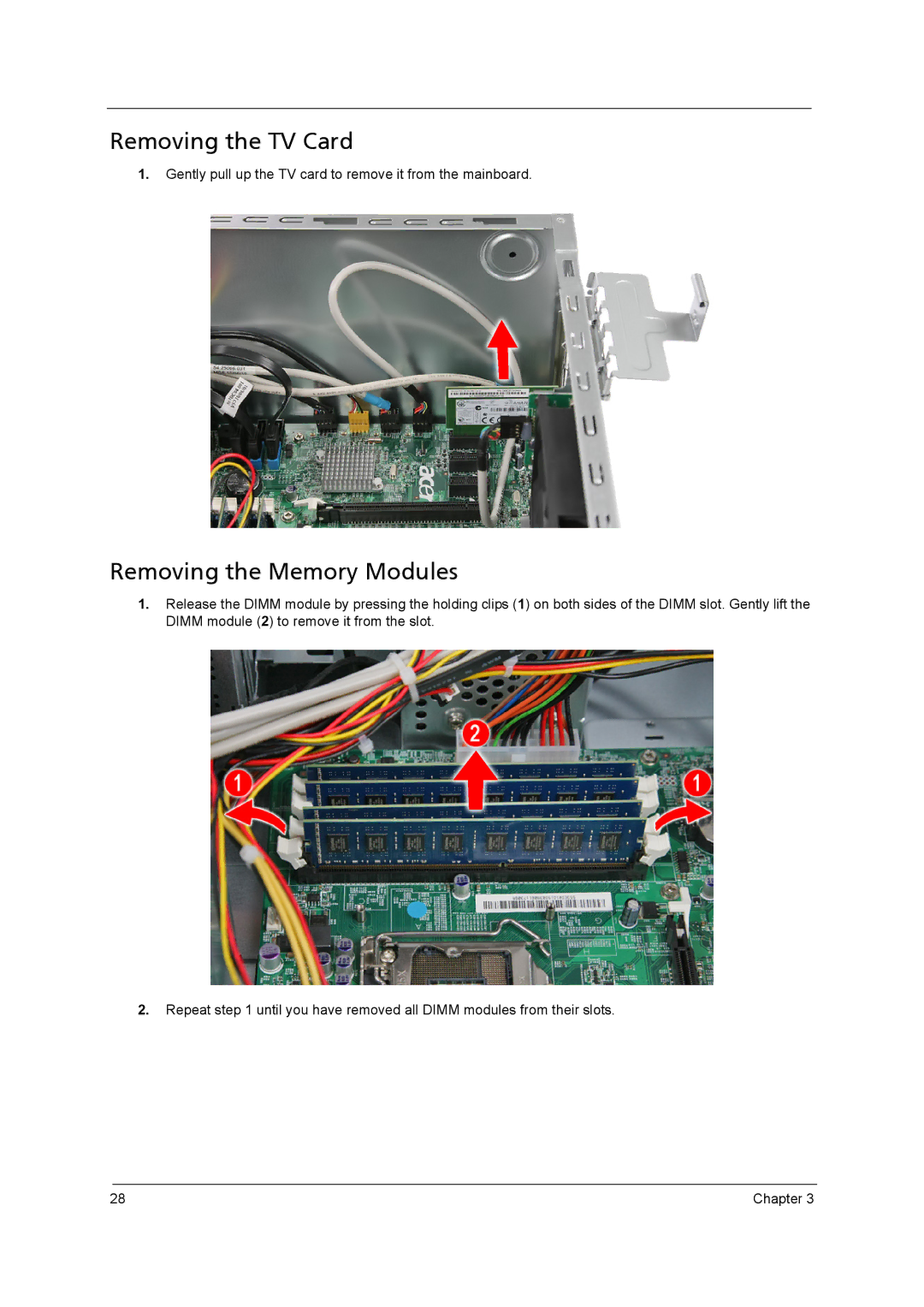 Acer M3920 manual Removing the TV Card, Removing the Memory Modules 