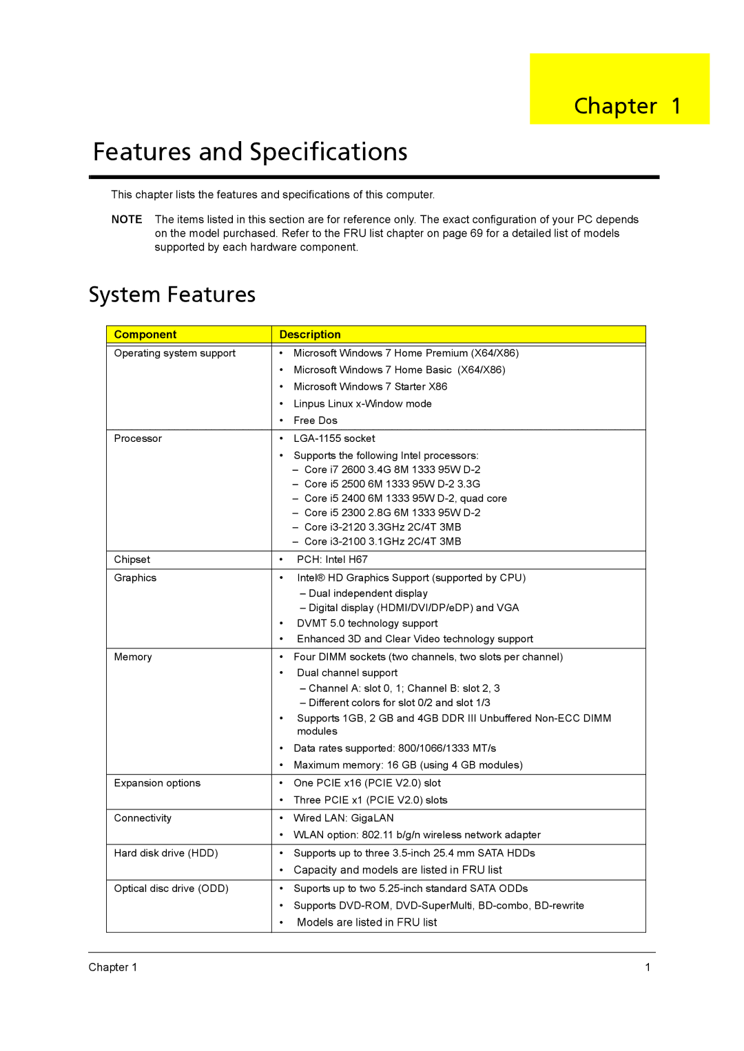 Acer M3920 manual Features and Specifications, Component Description 