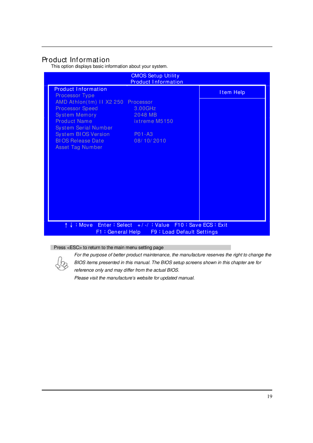 Acer M5150 manual Cmos Setup Utility Product Information Item Help 