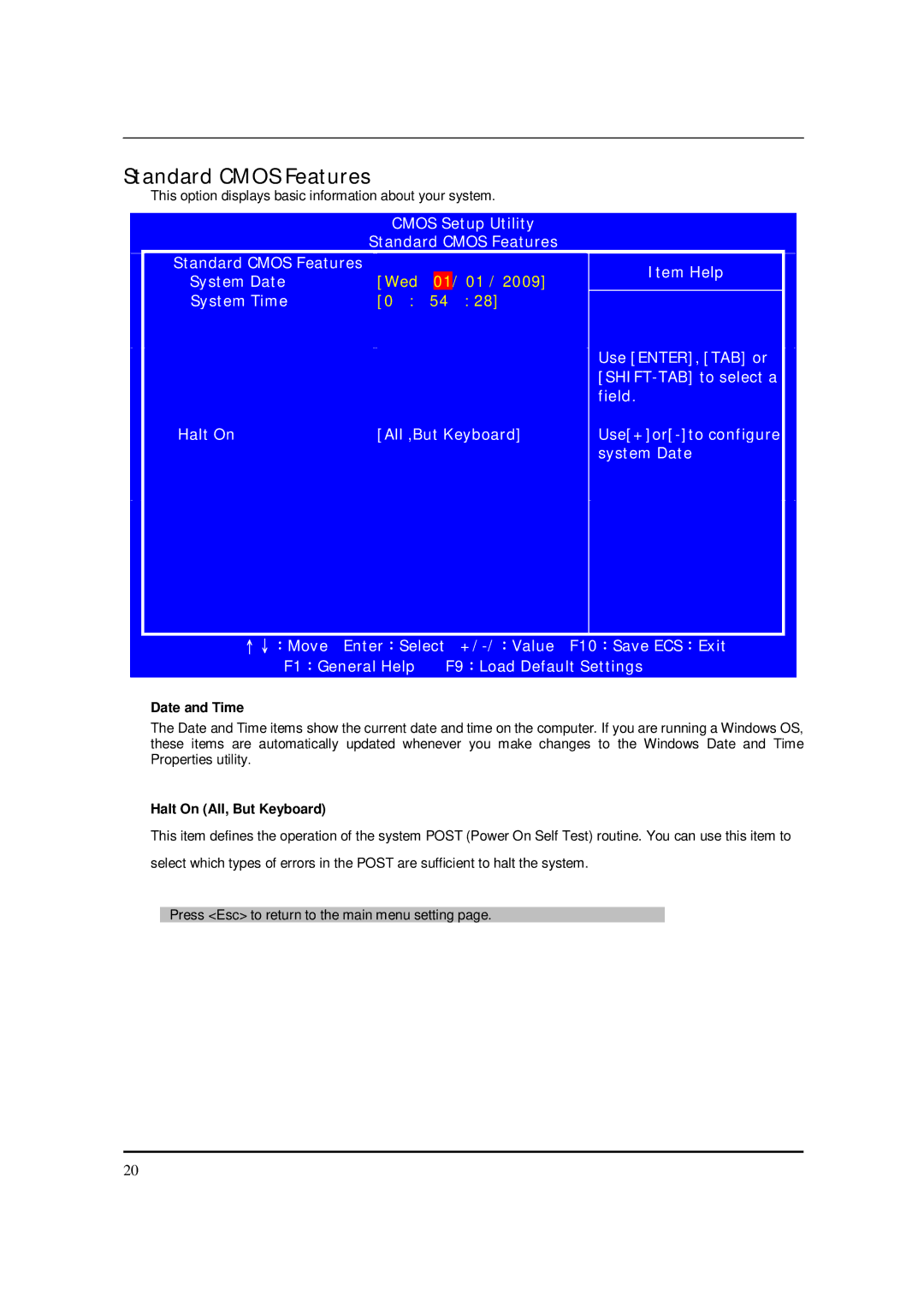 Acer M5150 manual Standard Cmos Features, Date and Time, Halt On All, But Keyboard 