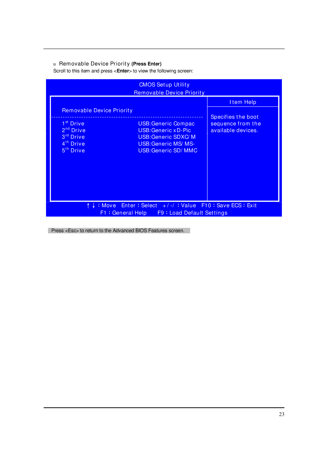 Acer M5150 manual Removable Device Priority Press Enter 