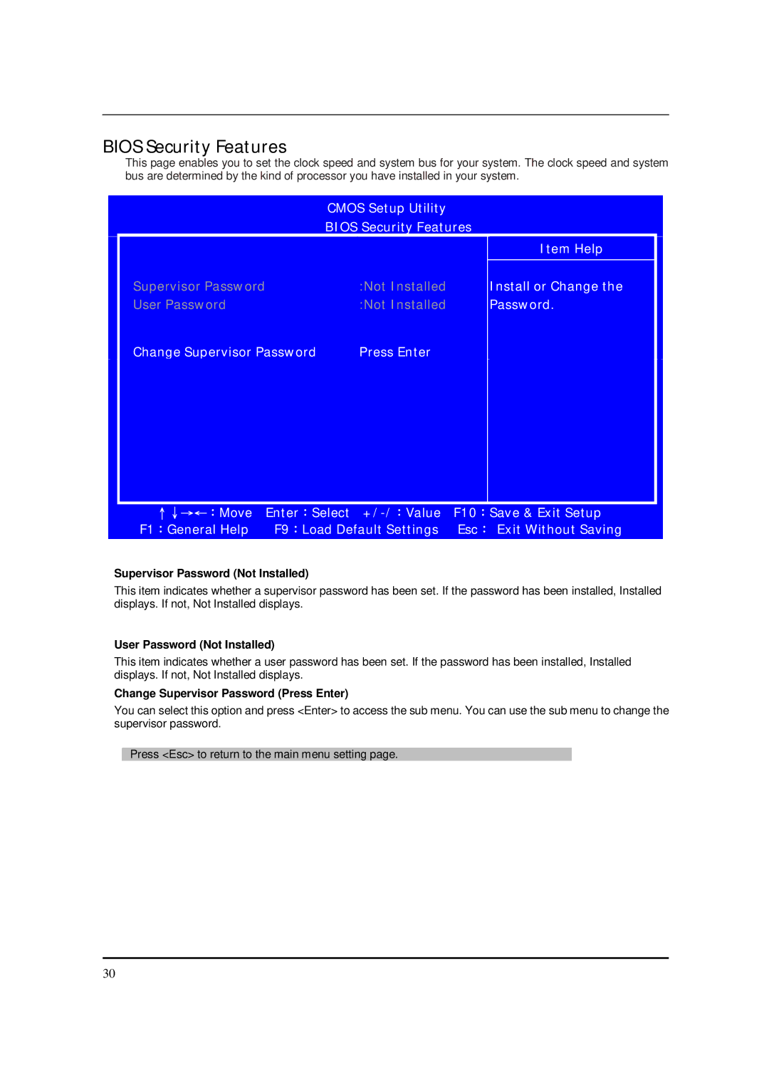 Acer M5150 manual Bios Security Features, Supervisor Password Not Installed, User Password Not Installed 
