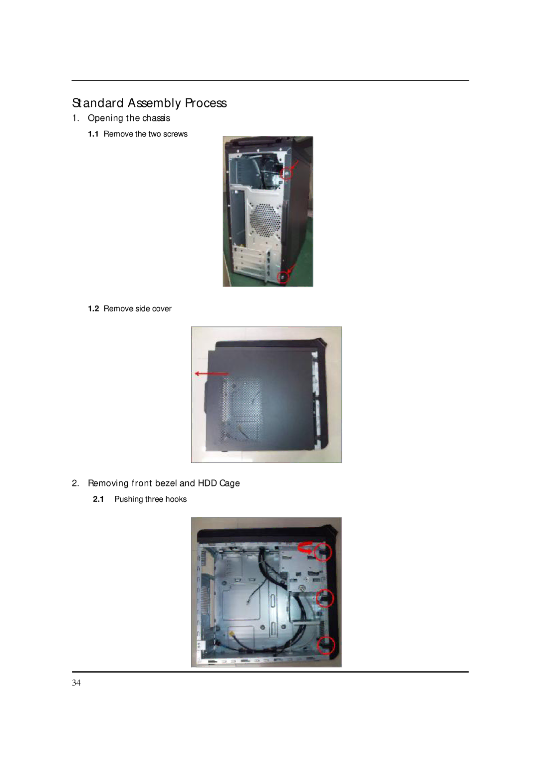 Acer M5150 manual Standard Assembly Process, Opening the chassis, Removing front bezel and HDD Cage 